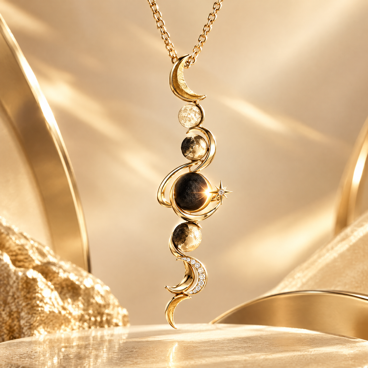 Vertical Moon Phase Journey Pendant Necklace | 18K Gold Cycle Rebirth Jewelry