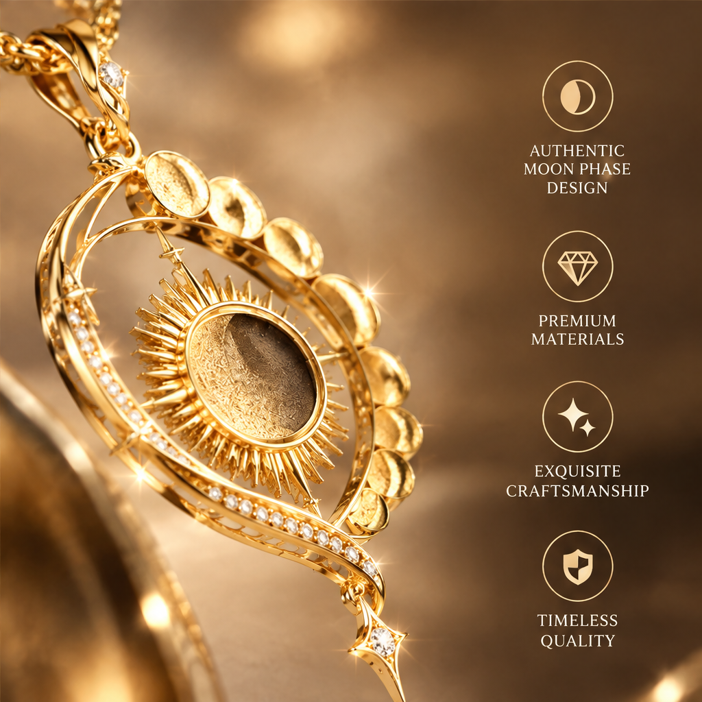 Sun Moon Phase Teardrop Pendant Necklace | 18K Gold Solar Lunar Diamond Jewelry
