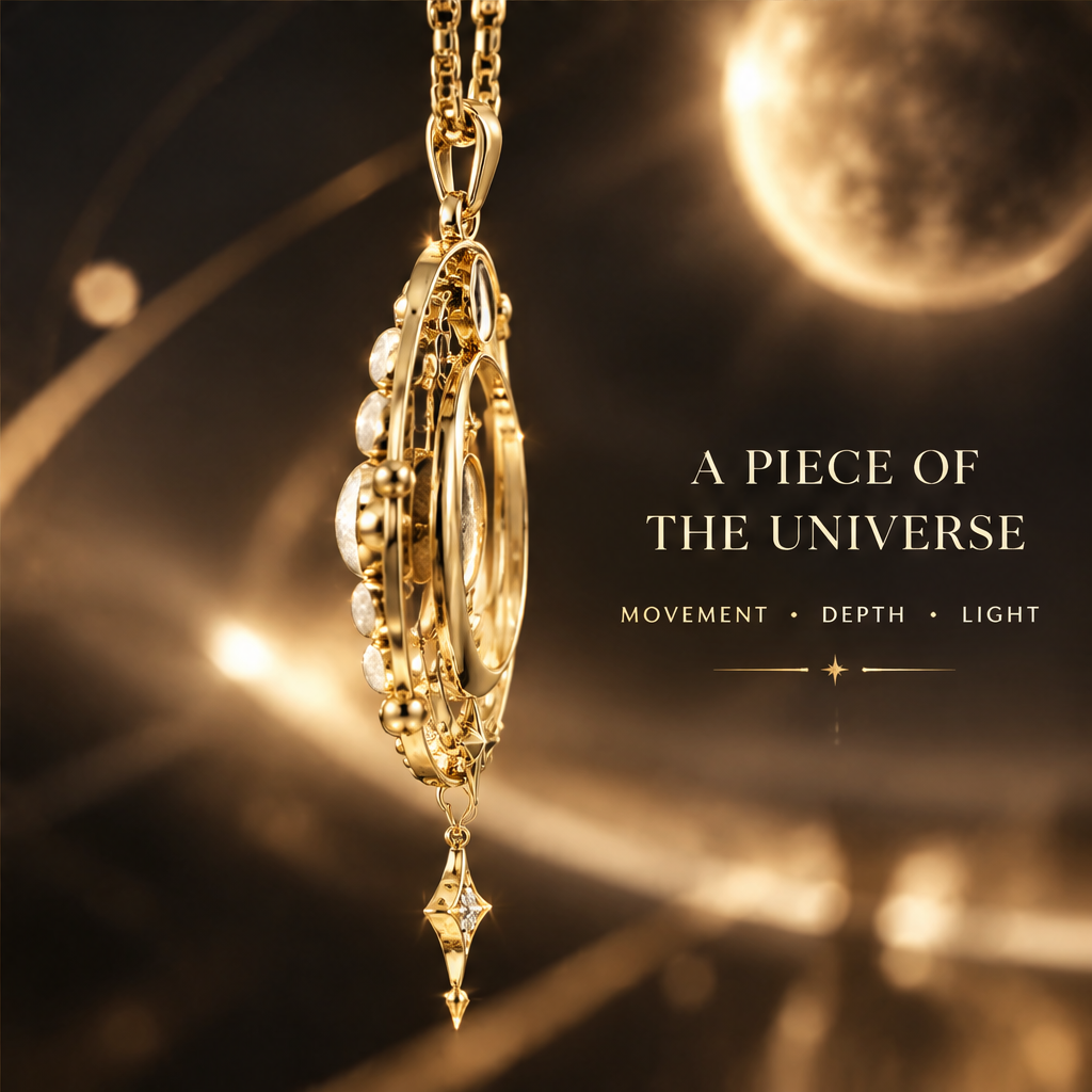 Moon Phase Orrery Pendant Necklace | 18K Gold Lunar Orbit Diamond Fine Jewelry