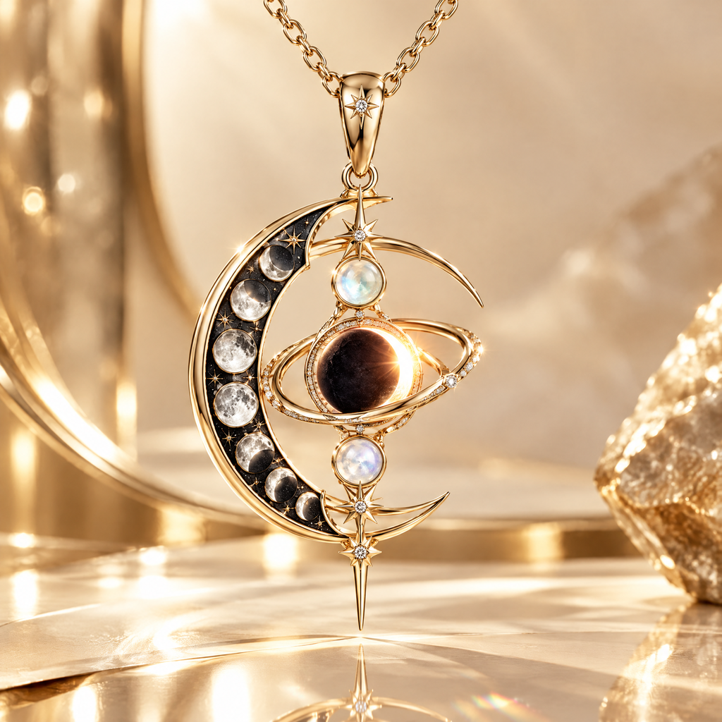 Grand Crescent Moon Phase Eclipse Pendant Necklace | 18K Gold Moonstone Heirloom