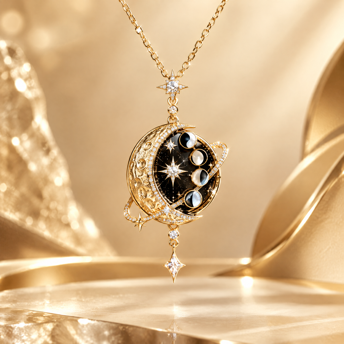 Moon Phase Galaxy Pendant Necklace | 18K Gold Black Celestial Diamond Jewelry
