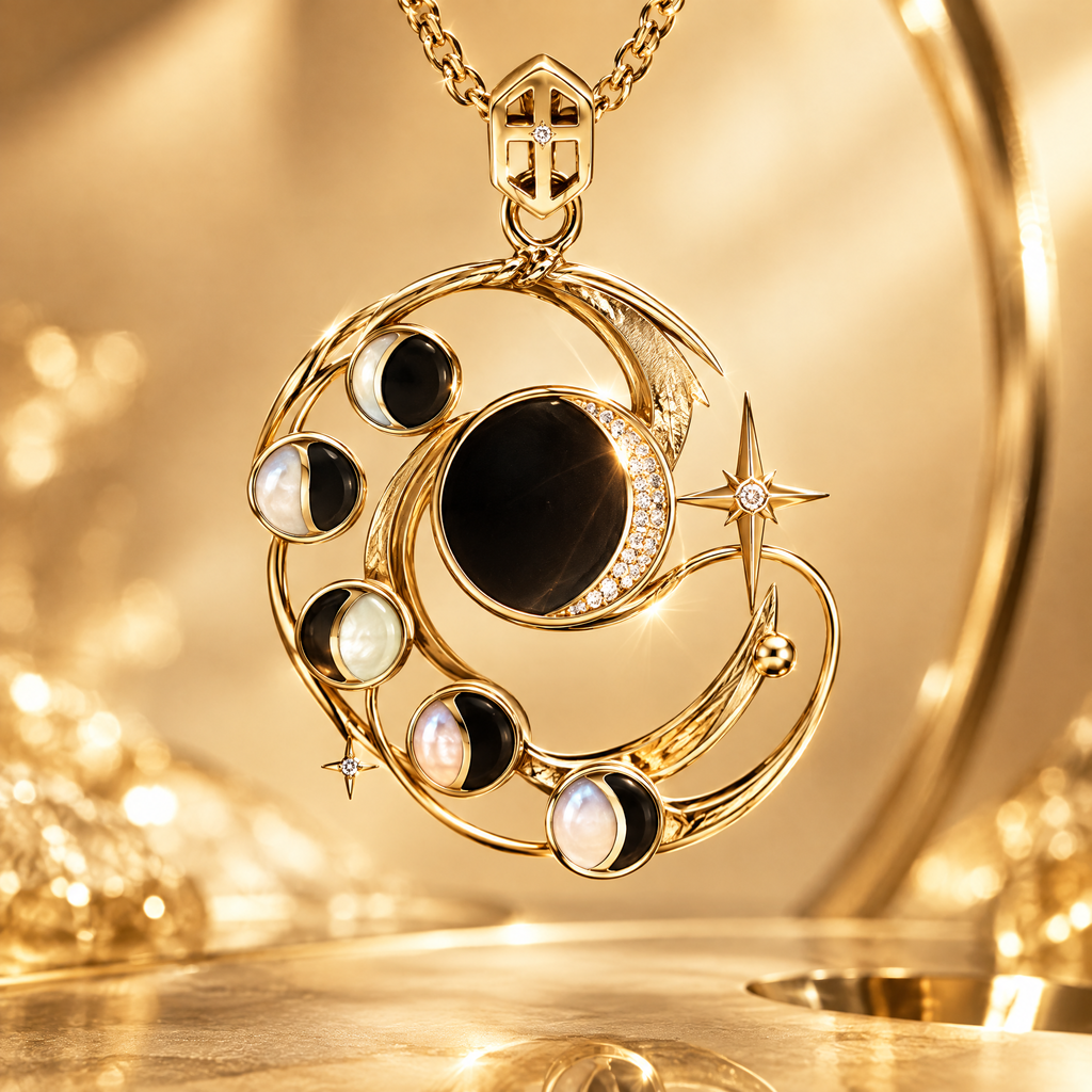 Moon Phase Orbit Disc Pendant Necklace | 18K Gold Black Onyx Celestial Jewelry