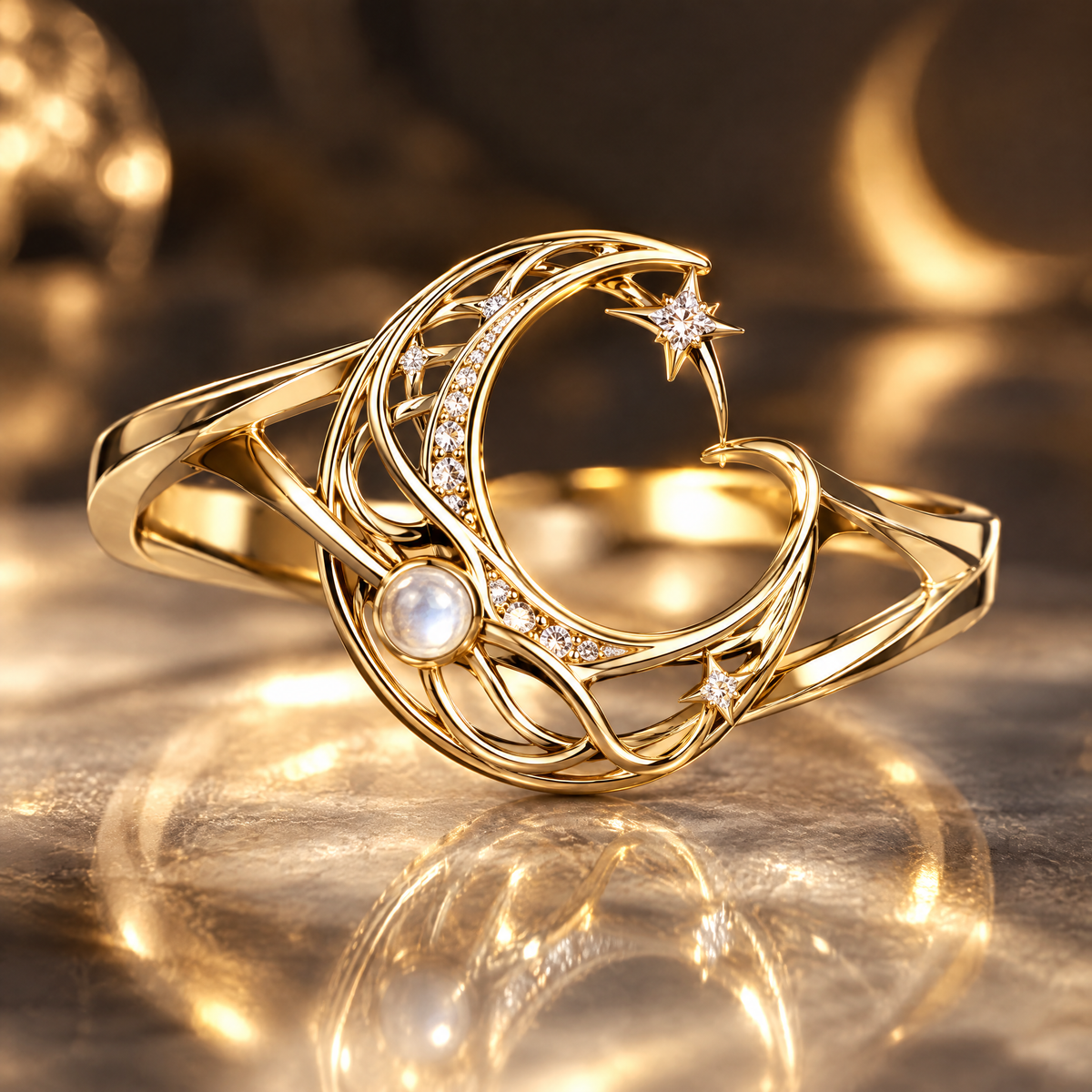 Pearl Woven Moon Ring | 18K Gold Celestial Orbit Fine Jewelry