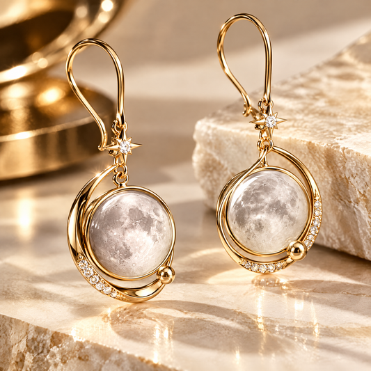 Real Moon Surface Globe Drop Earrings | 18K Gold Lunar Orbit Fine Jewelry