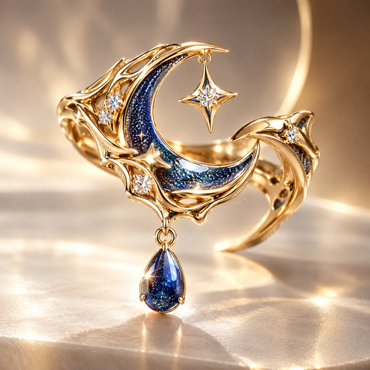 Galaxy Crescent Dangle Ring | 18K Gold Blue Sapphire Star Drop