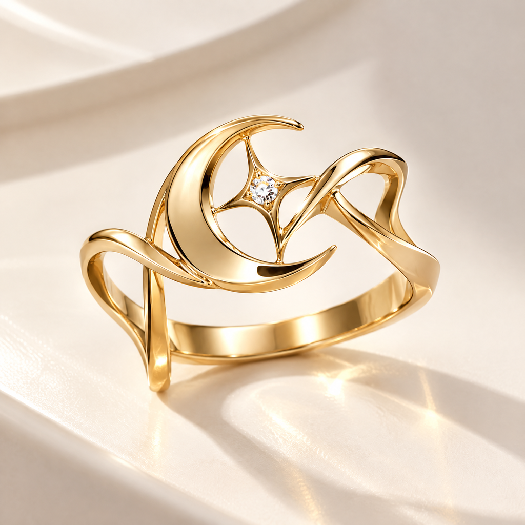 Gold Hollow Moon & Star Ring | 18K Gold Sculptural Fine Jewelry