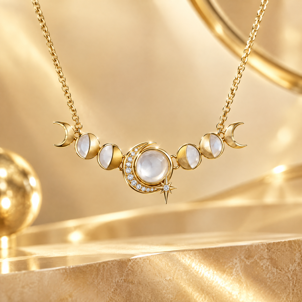 Moon Phase Moonstone Station Necklace | 18K Gold Lunar Cycle Fine Jewelry