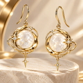Moonstone Spiral Galaxy Drop Earrings | 18K Gold Multi-Orbit Celestial Jewelry