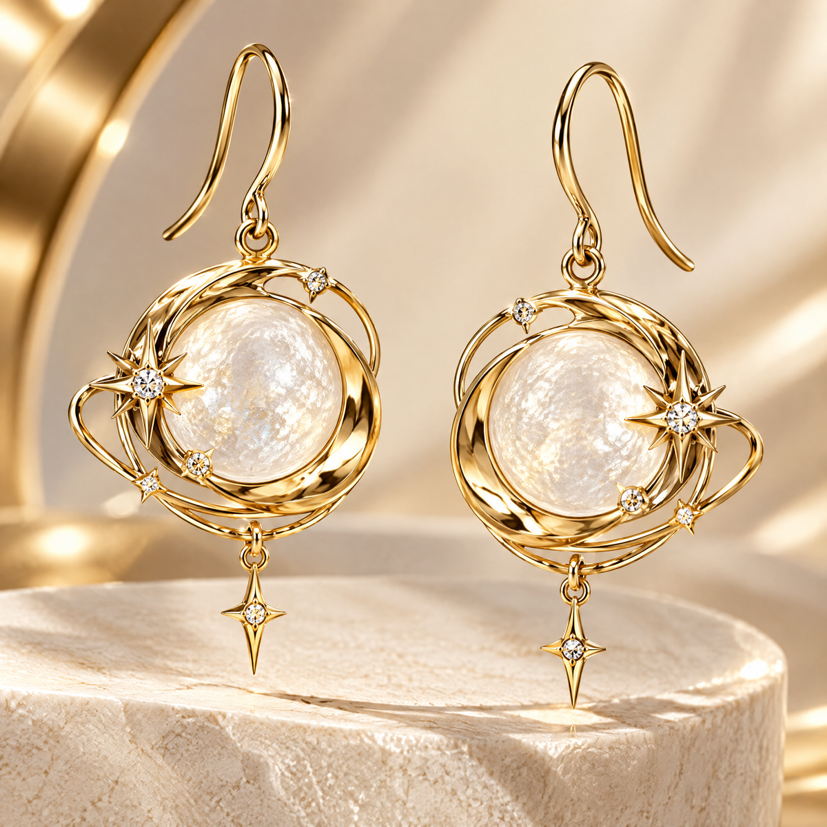 Moonstone Spiral Galaxy Drop Earrings | 18K Gold Multi-Orbit Celestial Jewelry