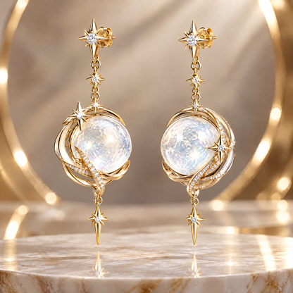 Moonstone Crescent Swirl Drop Earrings | 18K Gold Shooting Star Jewelry