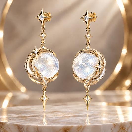 Moonstone Crescent Swirl Drop Earrings | 18K Gold Shooting Star Jewelry