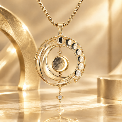 Moon Phase Orrery Pendant Necklace | 18K Gold Lunar Orbit Diamond Fine Jewelry