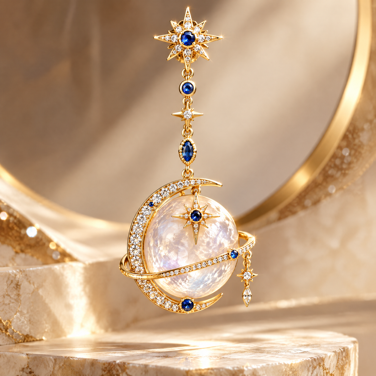 Sapphire Moon Globe Long Drop Earring | 18K Gold Celestial Statement Jewelry