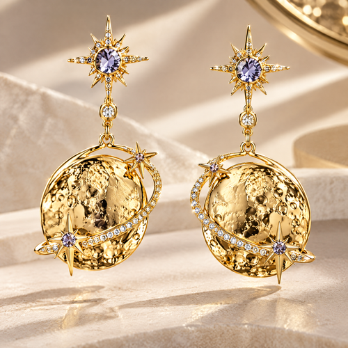 Gold Moon Planet Drop Earrings | 18K Gold Purple Star Celestial Jewelry