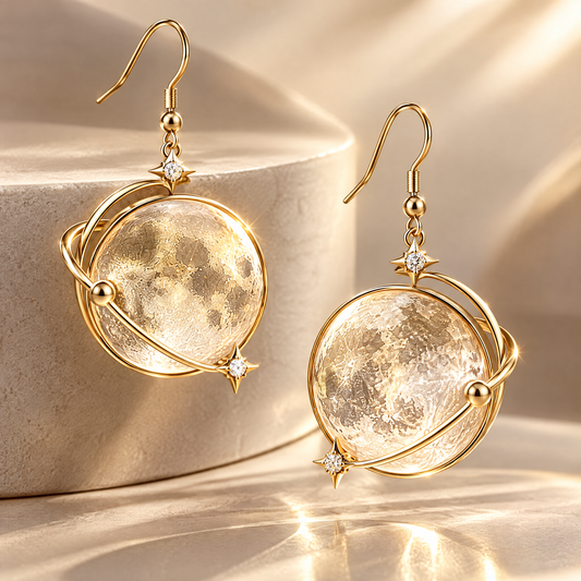 Crystal Moon Orbit Drop Earrings | 18K Gold Lunar Globe Jewelry