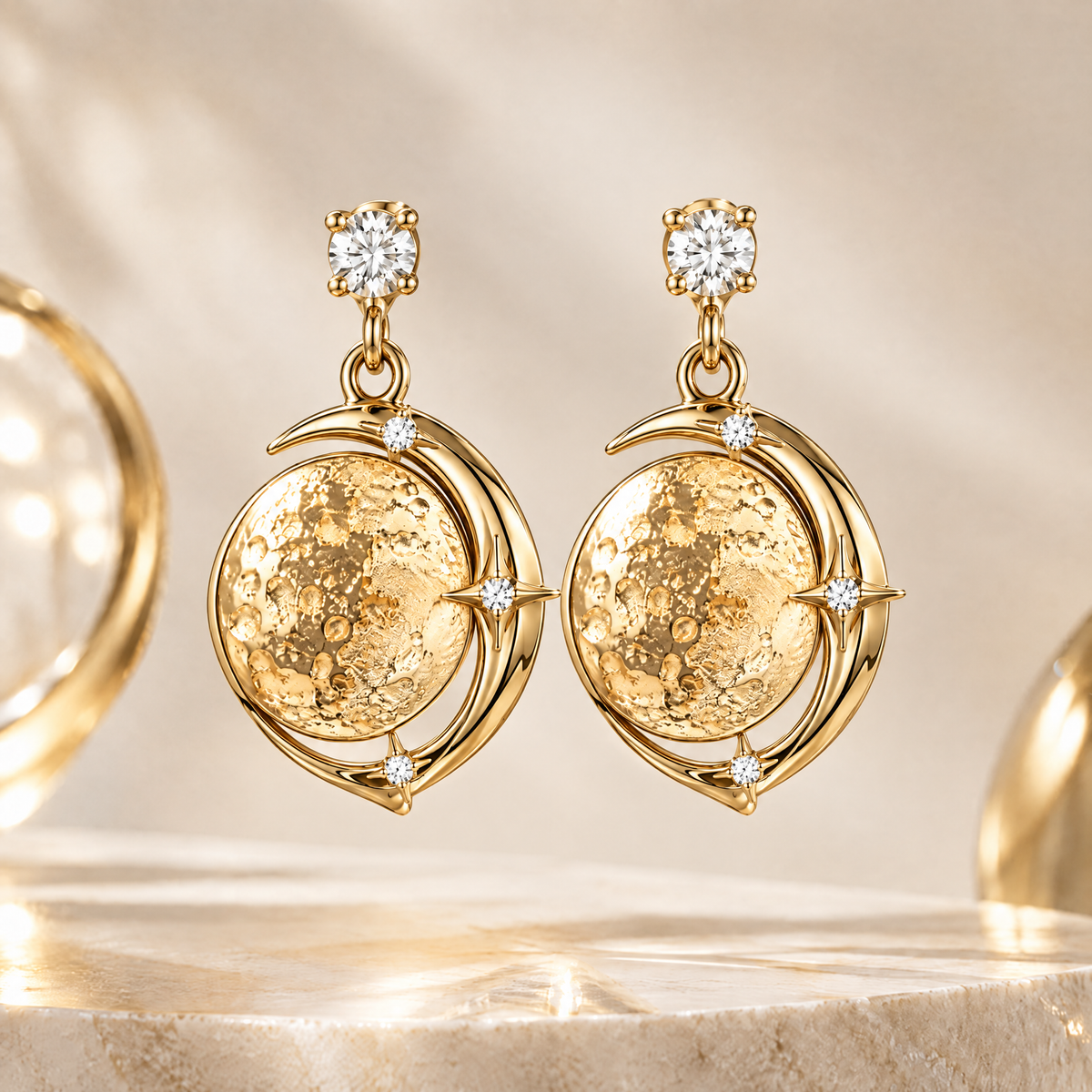Gold Hammered Moon Crescent Drop Earrings | 18K Gold Diamond Star Jewelry