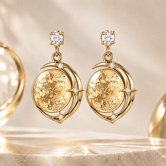 Gold Hammered Moon Crescent Drop Earrings | 18K Gold Diamond Star Jewelry