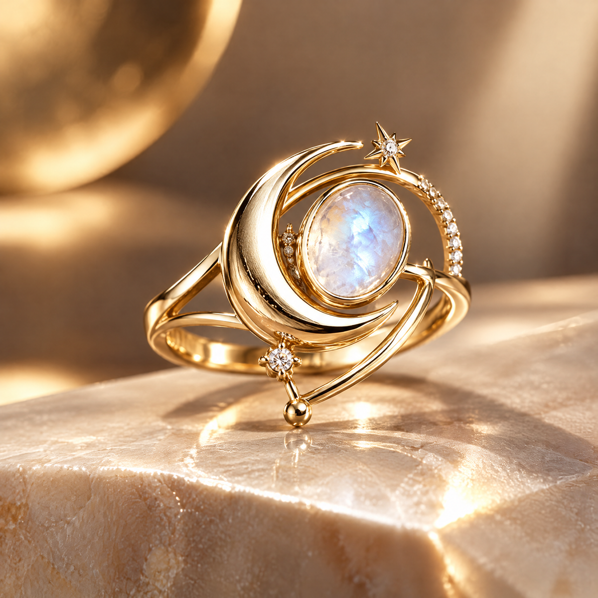 Moonstone Celestial Orbit Ring | 18K Gold Lunar Galaxy Jewelry