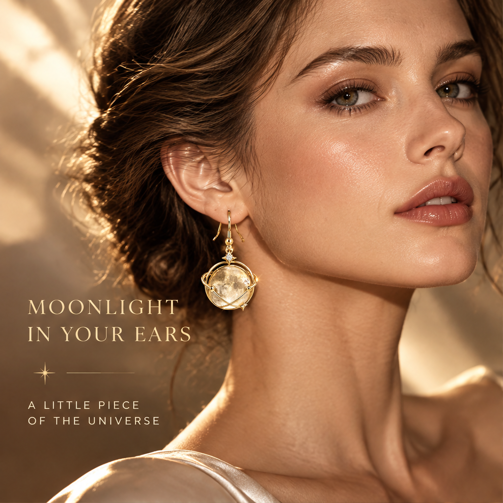Crystal Moon Orbit Drop Earrings | 18K Gold Lunar Globe Jewelry
