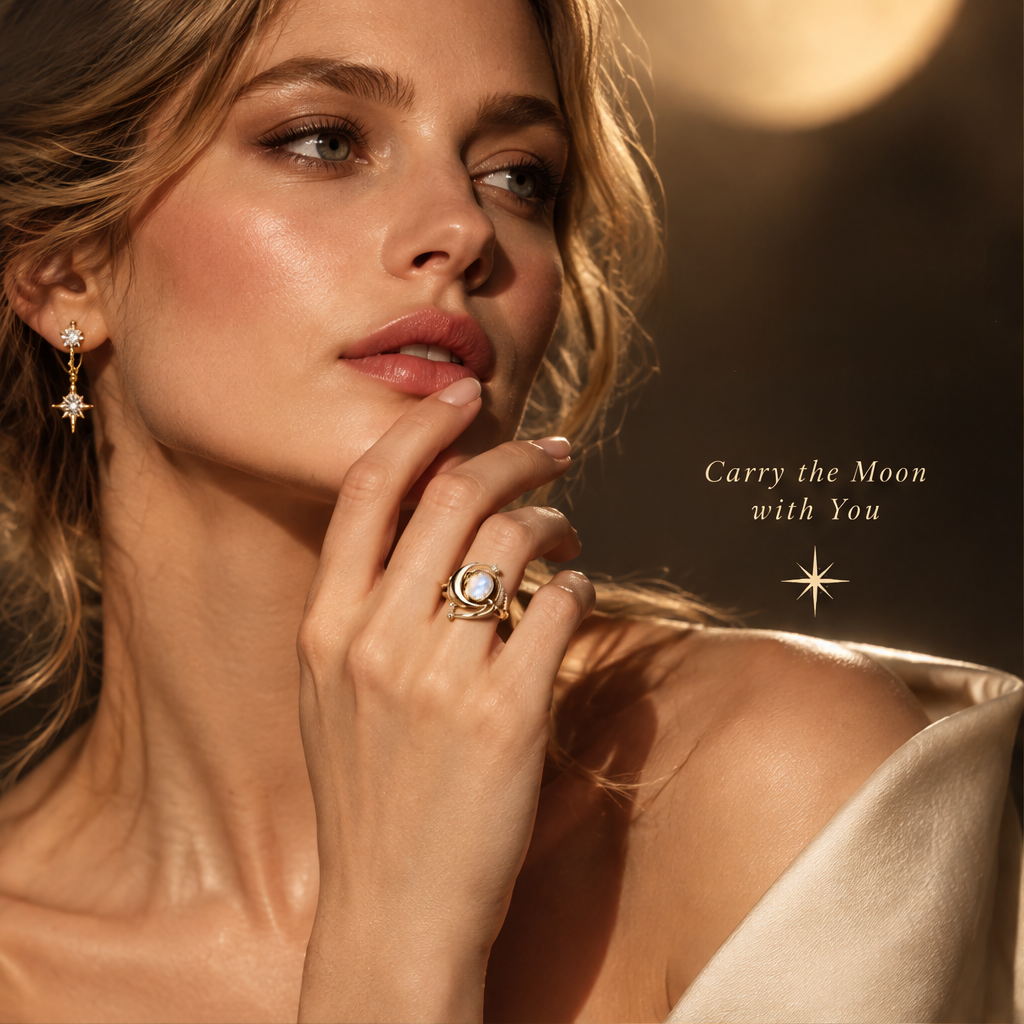 Moonstone Celestial Orbit Ring | 18K Gold Lunar Galaxy Jewelry