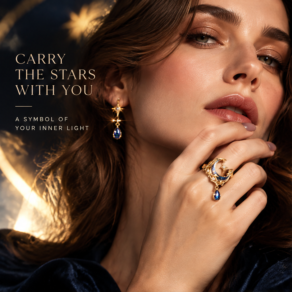 Galaxy Crescent Dangle Ring | 18K Gold Blue Sapphire Star Drop