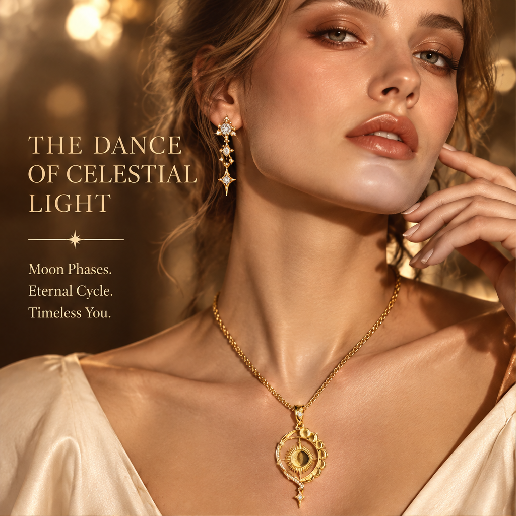 Sun Moon Phase Teardrop Pendant Necklace | 18K Gold Solar Lunar Diamond Jewelry