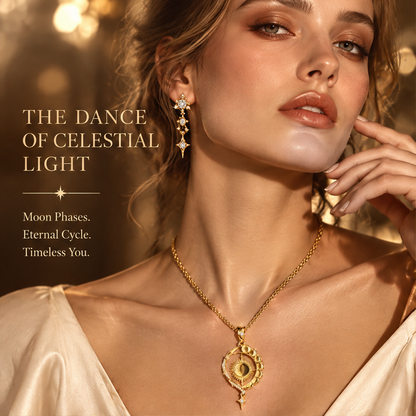 Sun Moon Phase Teardrop Pendant Necklace | 18K Gold Solar Lunar Diamond Jewelry