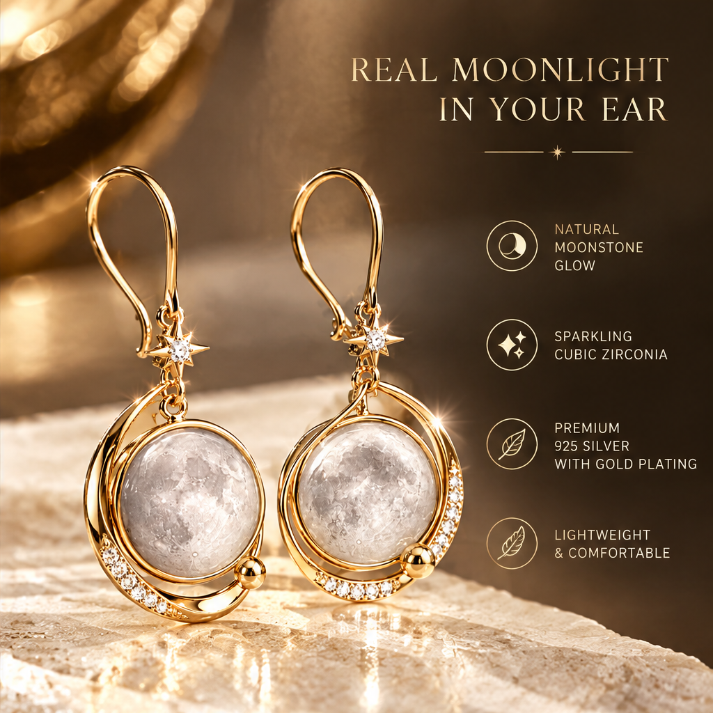 Real Moon Surface Globe Drop Earrings | 18K Gold Lunar Orbit Fine Jewelry