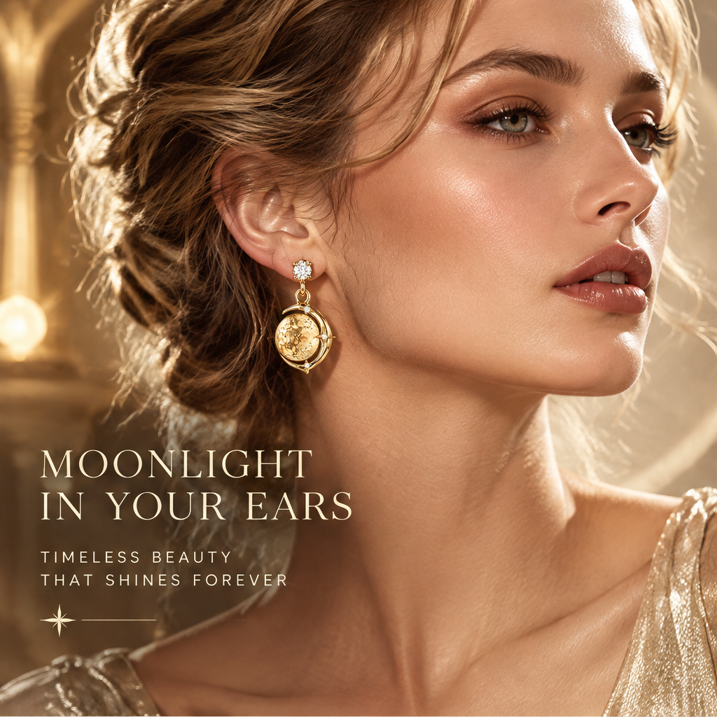 Gold Hammered Moon Crescent Drop Earrings | 18K Gold Diamond Star Jewelry