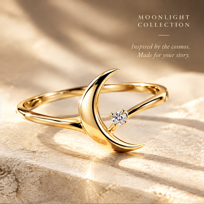 Minimalist Crescent Moon Ring | 18K Gold Single Diamond