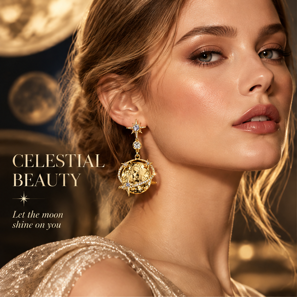 Gold Moon Planet Drop Earrings | 18K Gold Purple Star Celestial Jewelry