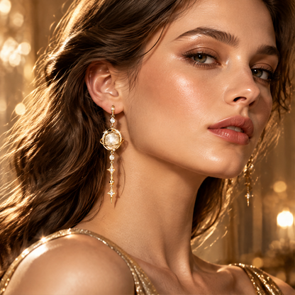 Moonstone Globe Star Tassel Drop Earrings | 18K Gold Long Celestial Jewelry