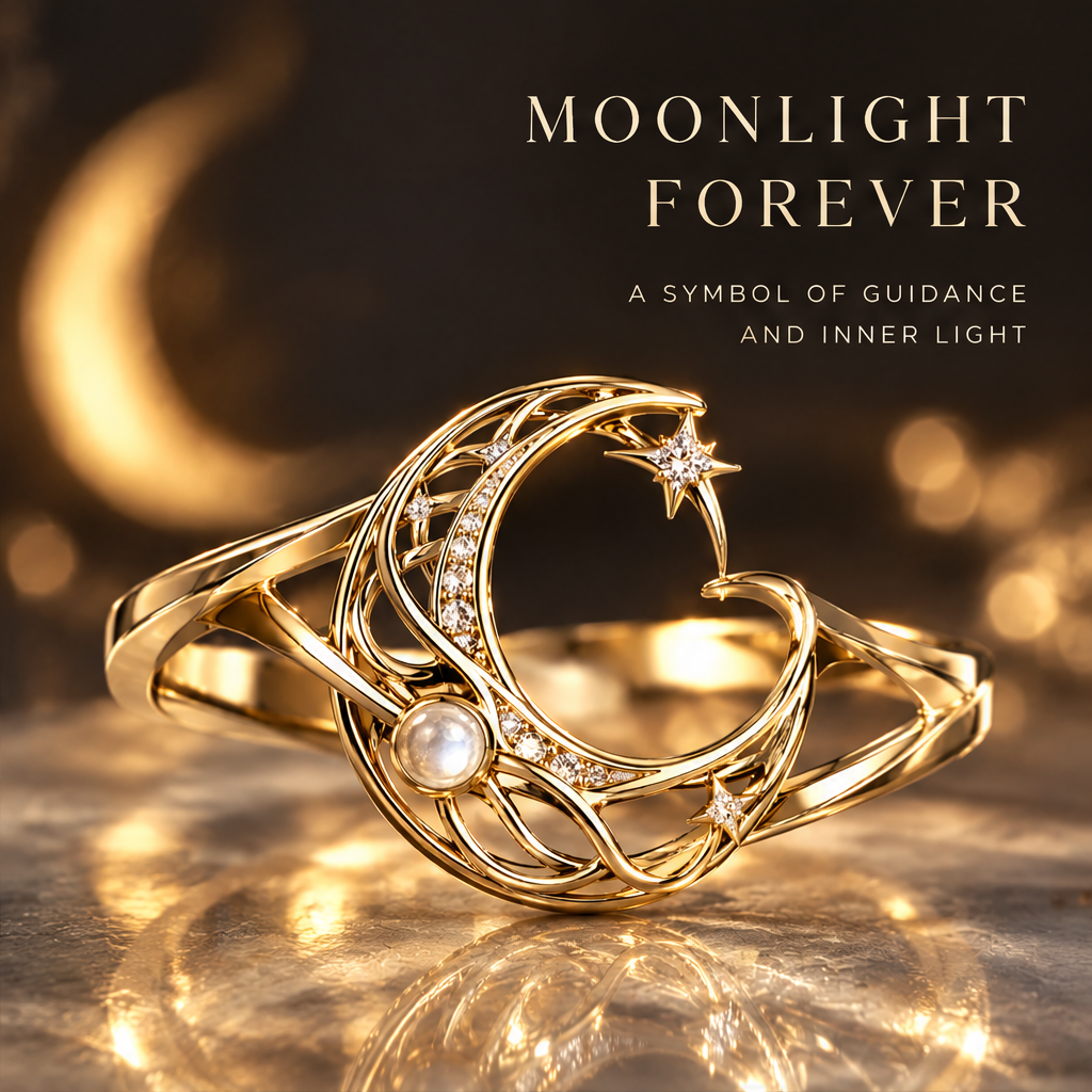 Moonlit Pearl Orbit Ring | 18K Gold Diamond Crescent Jewelry