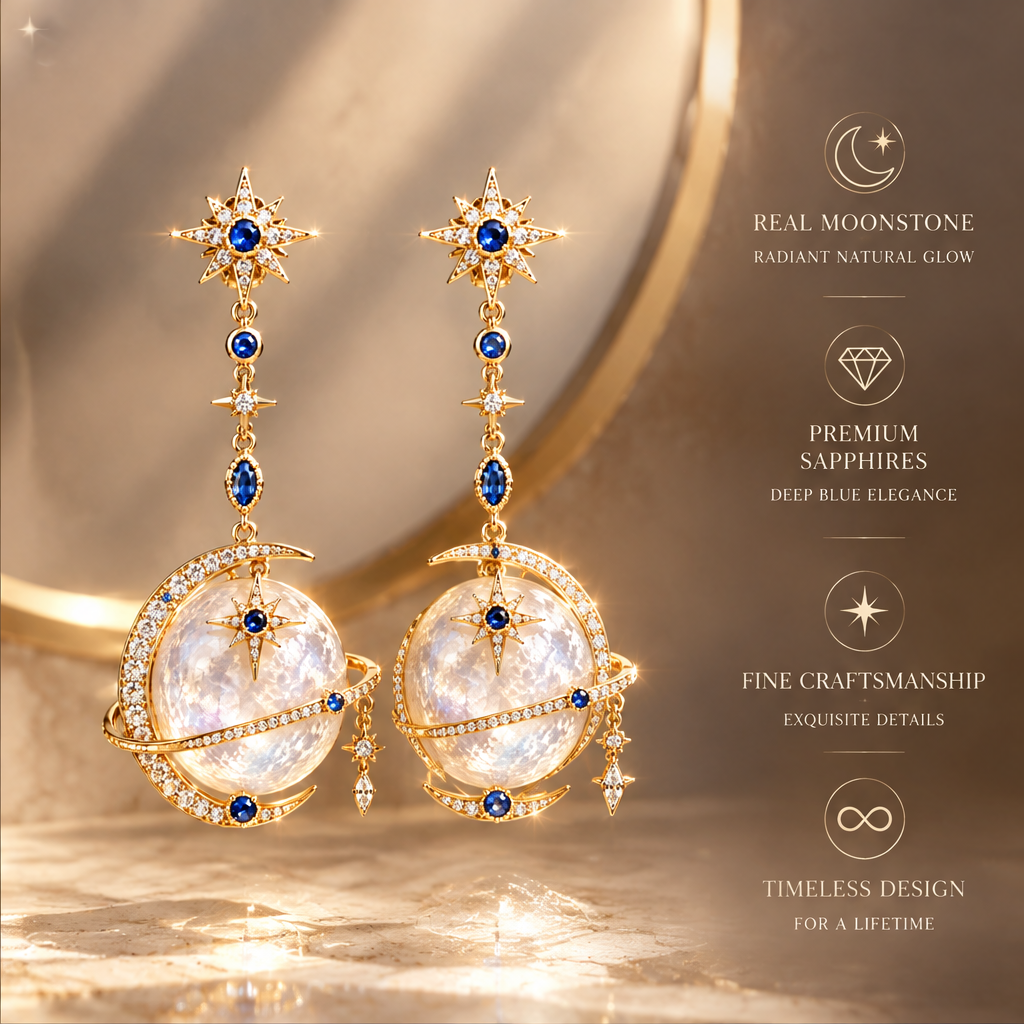 Sapphire Moon Globe Long Drop Earring | 18K Gold Celestial Statement Jewelry
