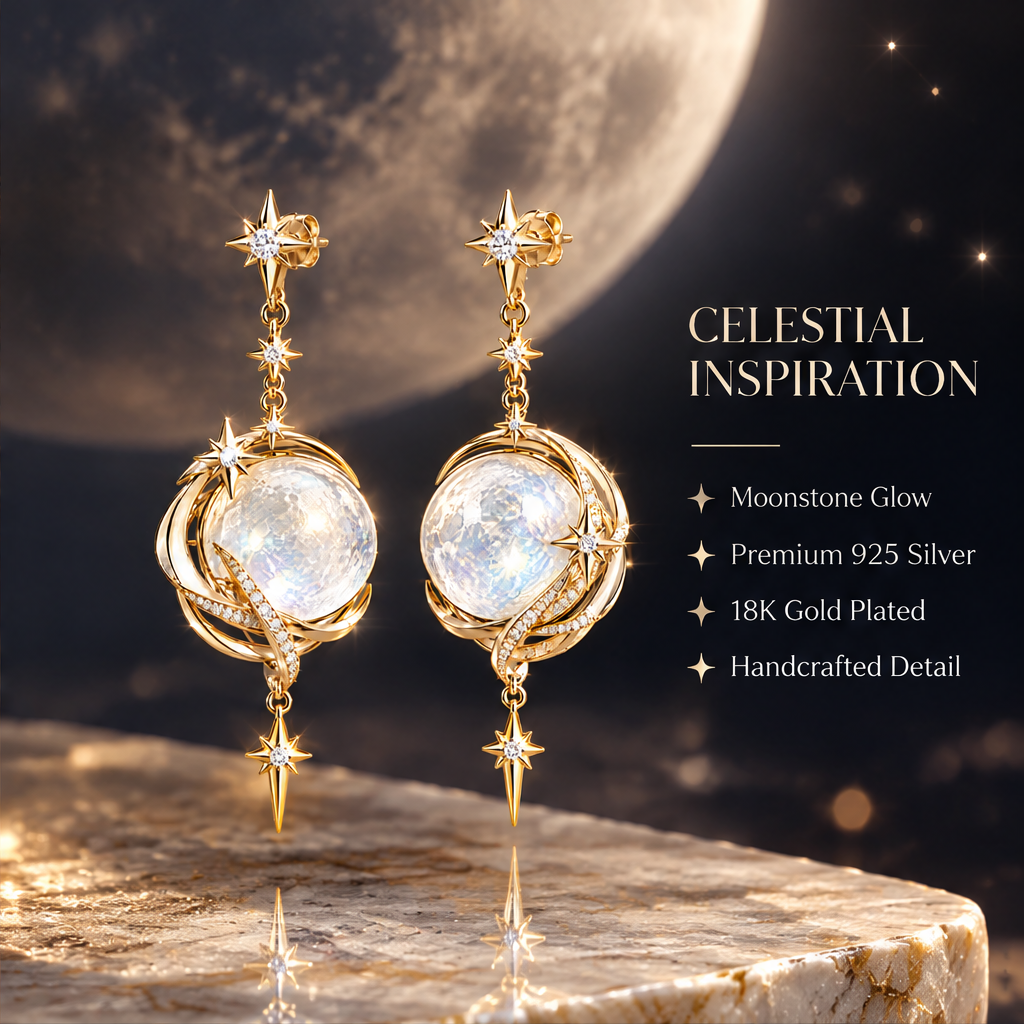 Moonstone Crescent Swirl Drop Earrings | 18K Gold Shooting Star Jewelry