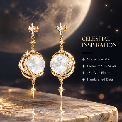 Moonstone Crescent Swirl Drop Earrings | 18K Gold Shooting Star Jewelry