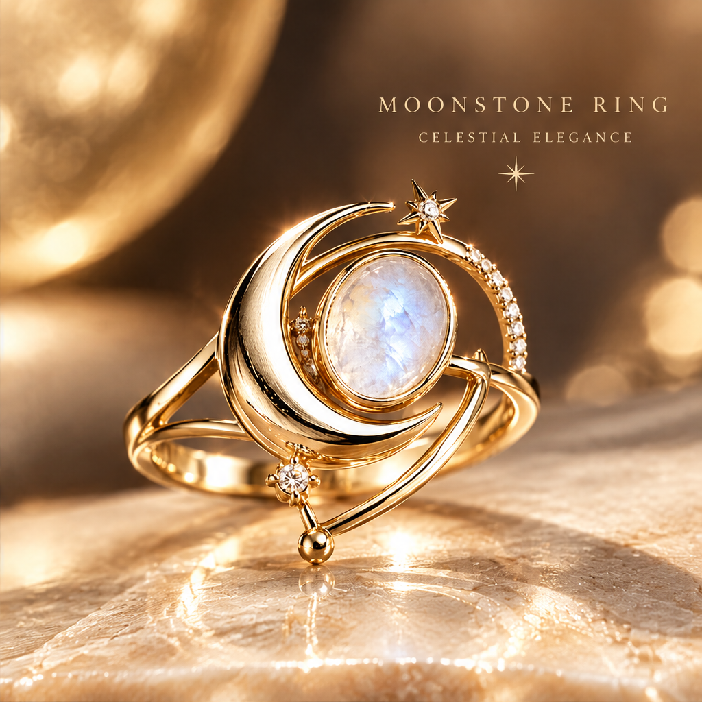Moonstone Celestial Orbit Ring | 18K Gold Lunar Galaxy Jewelry