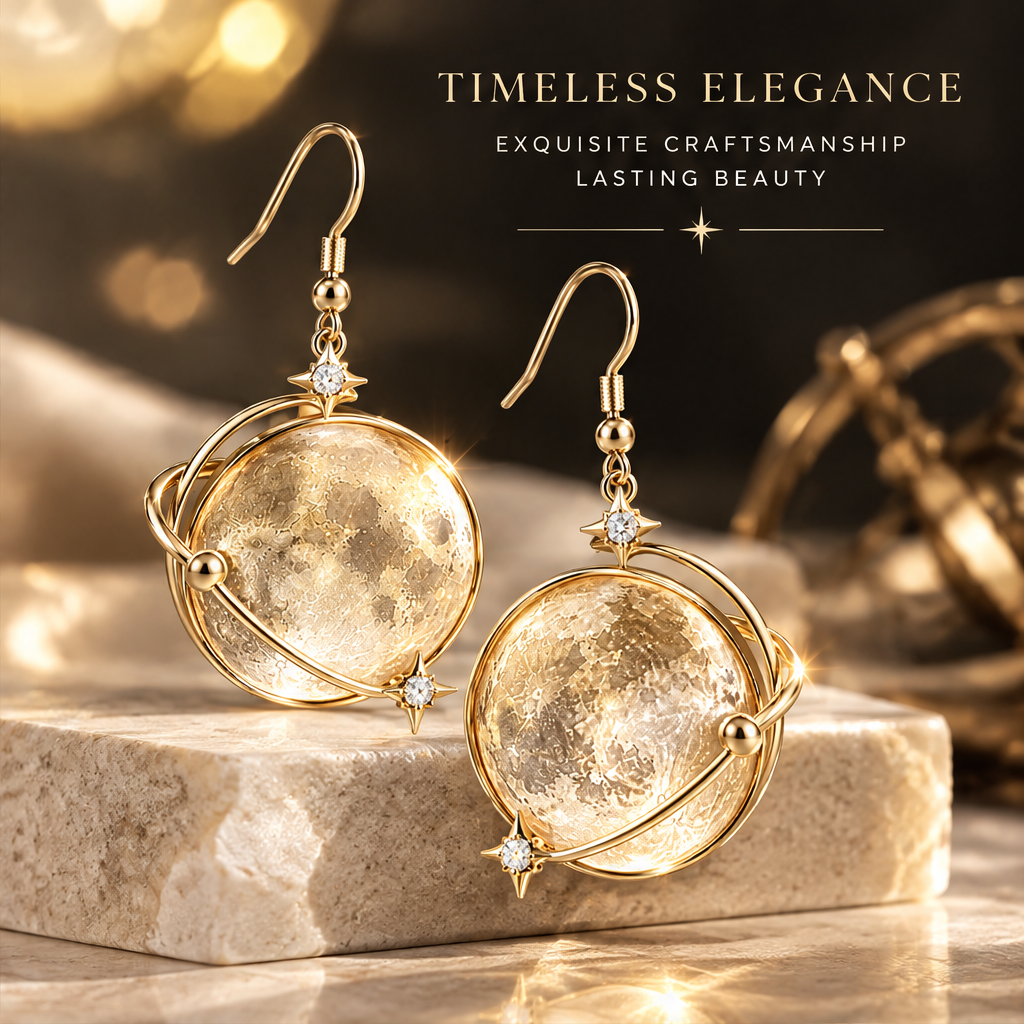 Crystal Moon Orbit Drop Earrings | 18K Gold Lunar Globe Jewelry