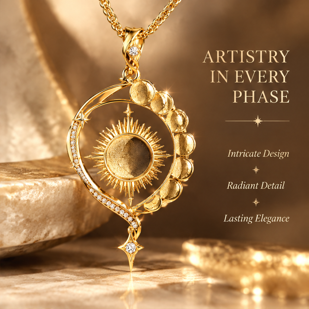 Sun Moon Phase Teardrop Pendant Necklace | 18K Gold Solar Lunar Diamond Jewelry