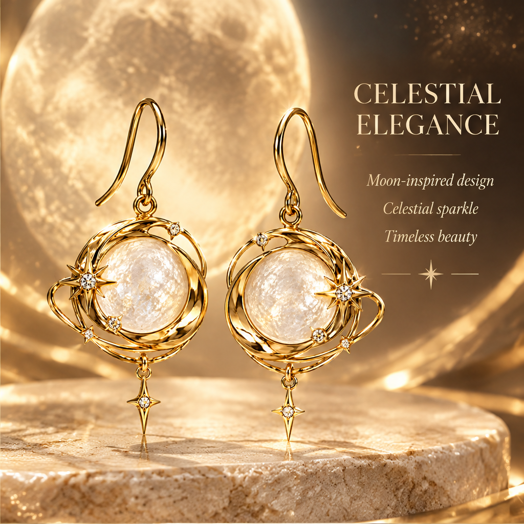 Moonstone Spiral Galaxy Drop Earrings | 18K Gold Multi-Orbit Celestial Jewelry
