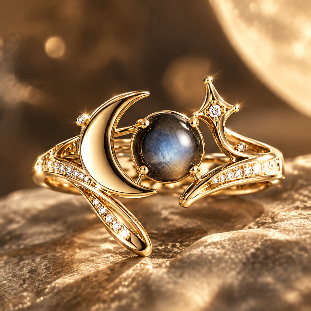 Moon & Star Labradorite Open Ring | 18K Gold Eclipse Jewelry