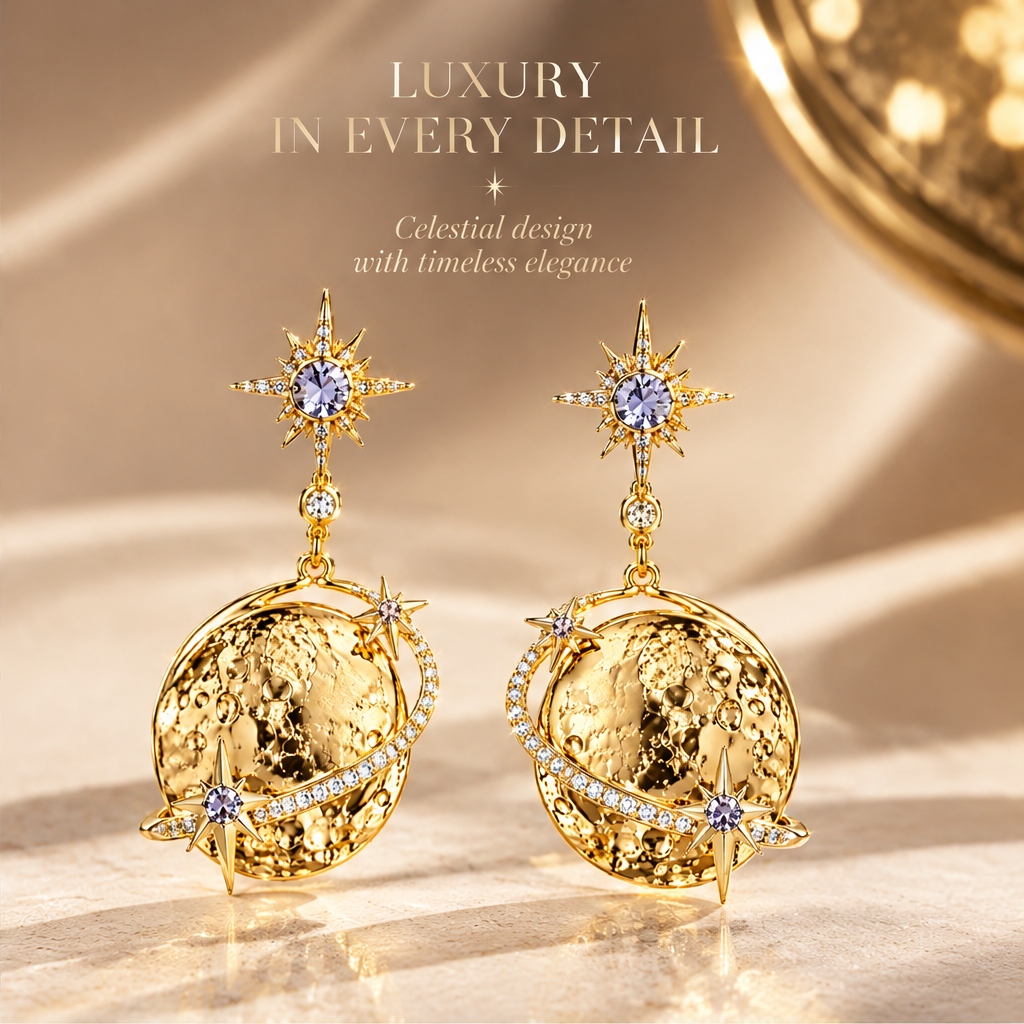 Gold Moon Planet Drop Earrings | 18K Gold Purple Star Celestial Jewelry