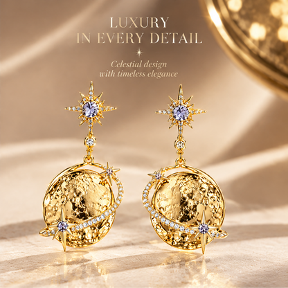 Gold Moon Planet Drop Earrings | 18K Gold Purple Star Celestial Jewelry