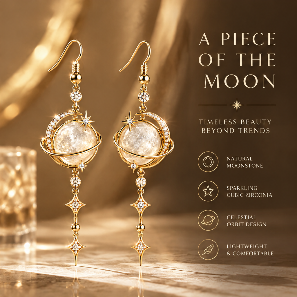 Moonstone Globe Star Tassel Drop Earrings | 18K Gold Long Celestial Jewelry