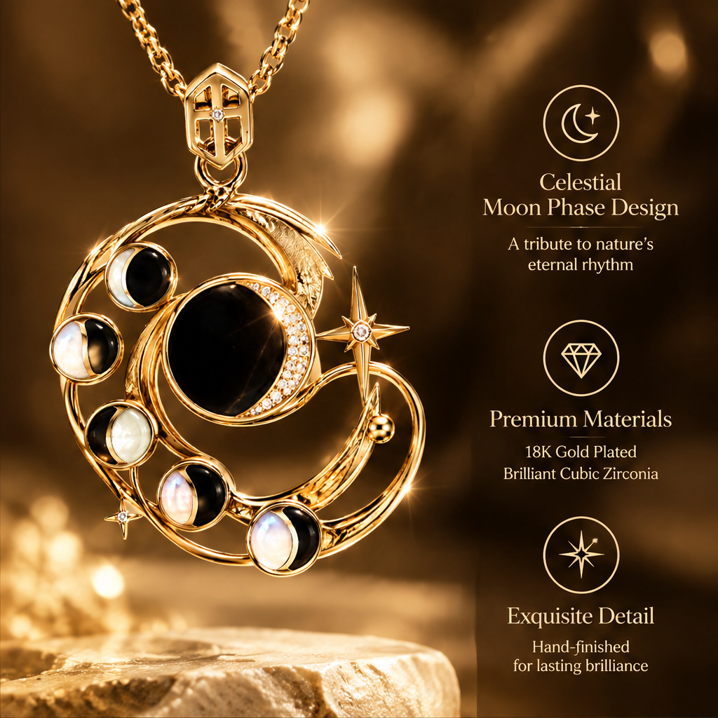 Moon Phase Orbit Disc Pendant Necklace | 18K Gold Black Onyx Celestial Jewelry
