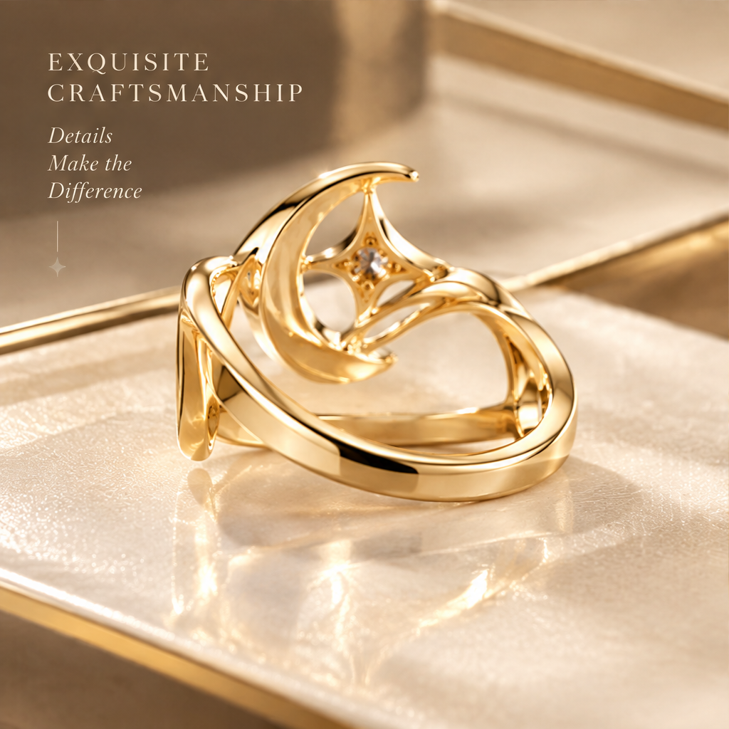 Gold Hollow Moon & Star Ring | 18K Gold Sculptural Fine Jewelry
