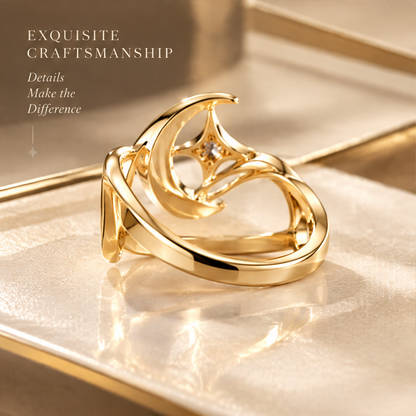 Gold Hollow Moon & Star Ring | 18K Gold Sculptural Fine Jewelry