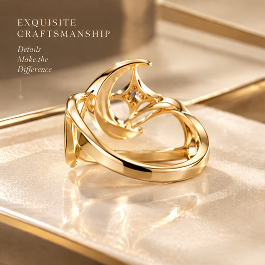 Gold Hollow Moon & Star Ring | 18K Gold Sculptural Fine Jewelry
