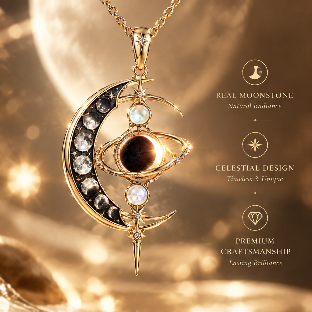 Grand Crescent Moon Phase Eclipse Pendant Necklace | 18K Gold Moonstone Heirloom