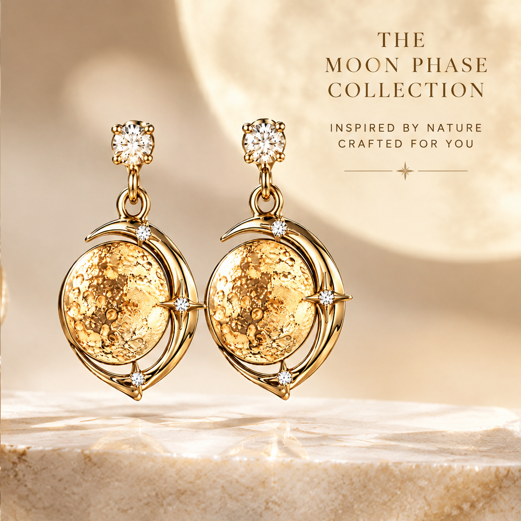 Gold Hammered Moon Crescent Drop Earrings | 18K Gold Diamond Star Jewelry